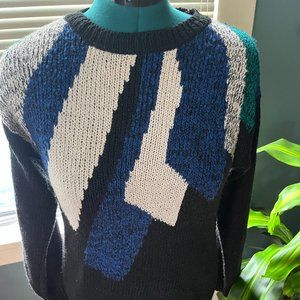 80s Knit Blue + Green + Silver Glitter Thread Pullover Sweater Medium-Large
